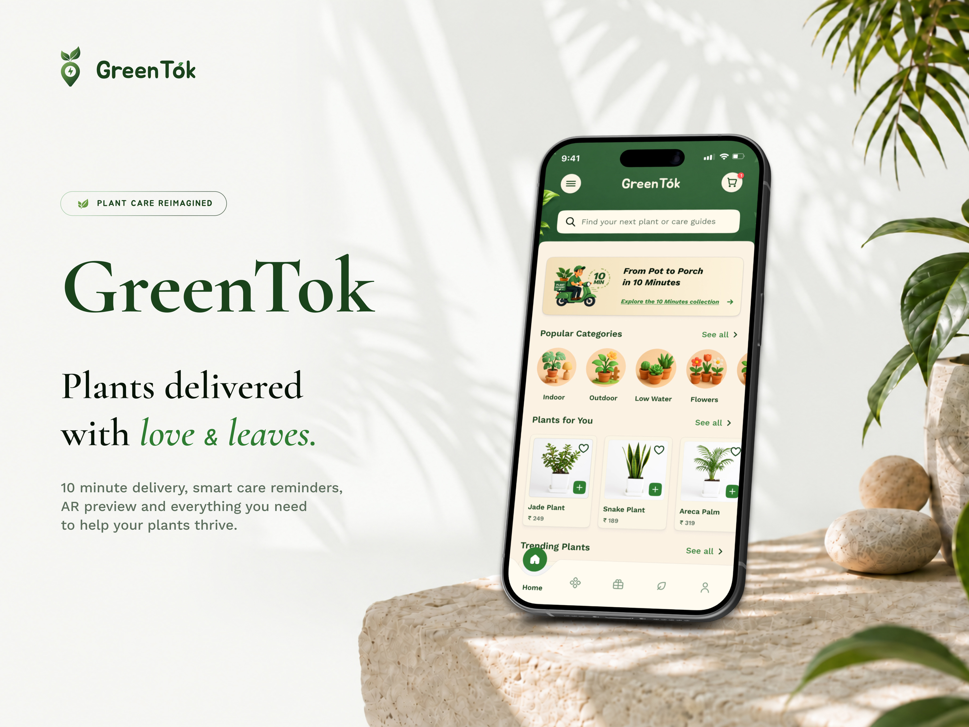 GreenTok plant-care app screens